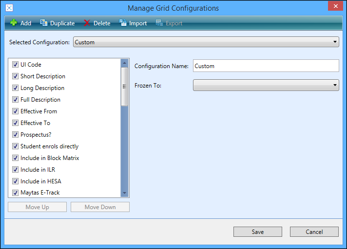 Manage Grid Configurations window